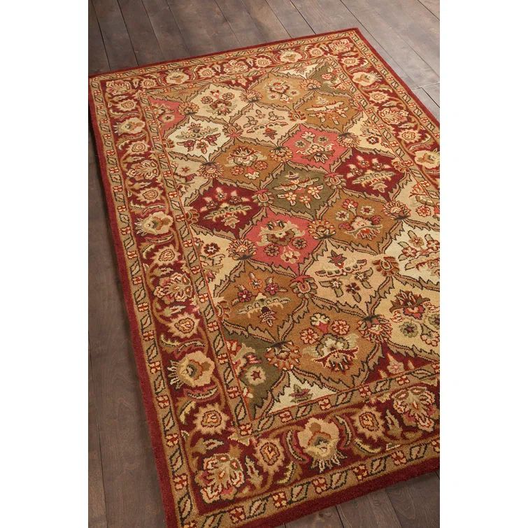 Handmade Red Floral Wool Rectangular Rug with Cotton Backing