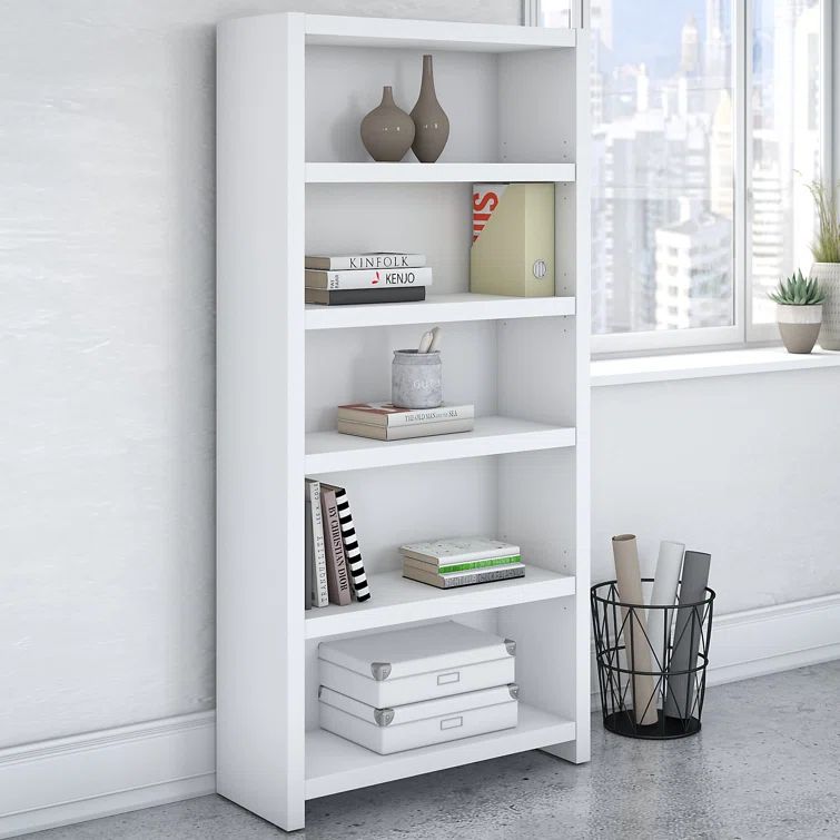 Contemporary Pure White Adjustable 5-Shelf Bookcase