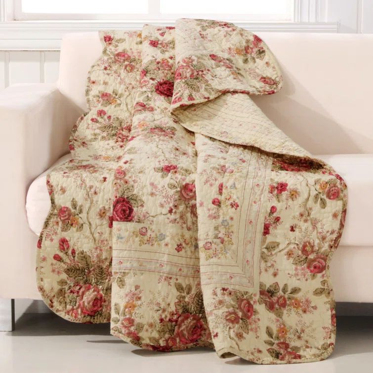 Classic Garden Rose Quilted Throw in Ecru Cotton 50"x60"