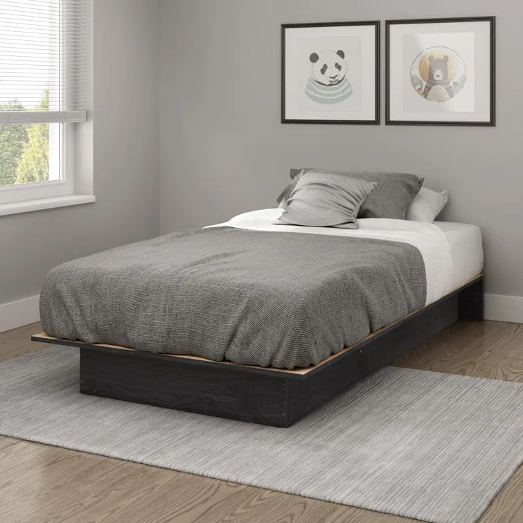 Gray Oak Twin Platform Bed with Drawer and Slats