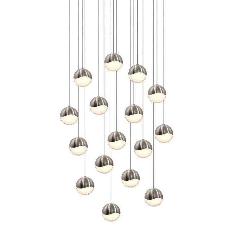 Satin Nickel Crystal 16-Light LED Cluster Square Pendant