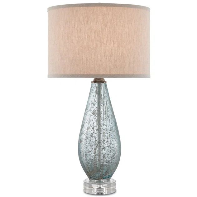 Pale Blue Speckled Glass Table Lamp with Natural Linen Shade