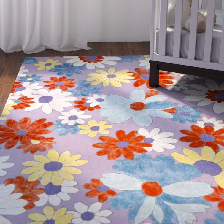 Wilton Blue and Lilac Floral Wool Area Rug 5' x 8'