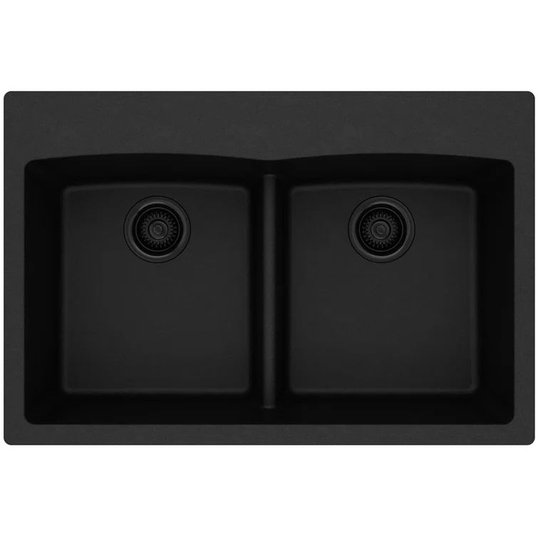 Black Quartz 33" Double Bowl Drop-In Kitchen Sink