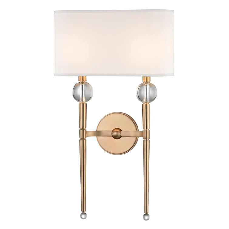 Aged Brass 2-Light Wall Sconce with White Faux Silk Shade