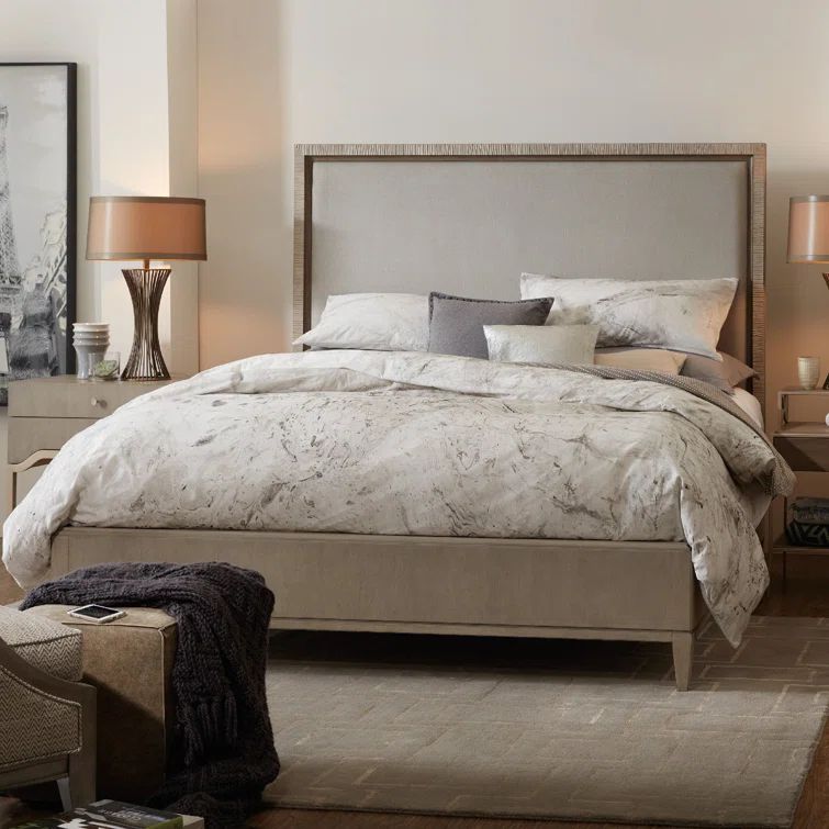 Gray King Upholstered Bed with Wood Frame