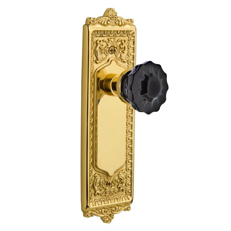 Polished Brass Egg & Dart Plate with Crystal Black Glass Door Knob