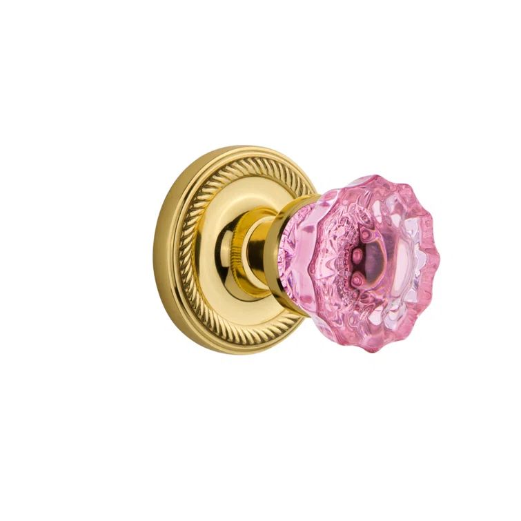 Polished Brass Rosette with Pink Crystal Glass Door Knob