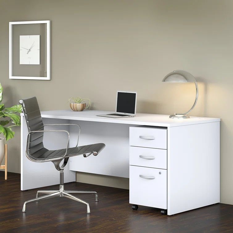 White Laminate Executive Office Desk with Mobile File Cabinet