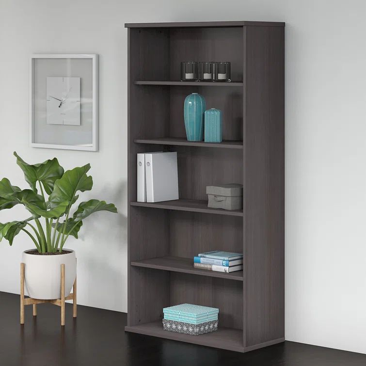 Transitional Storm Gray 5-Shelf Adjustable Bookcase in Engineered Wood
