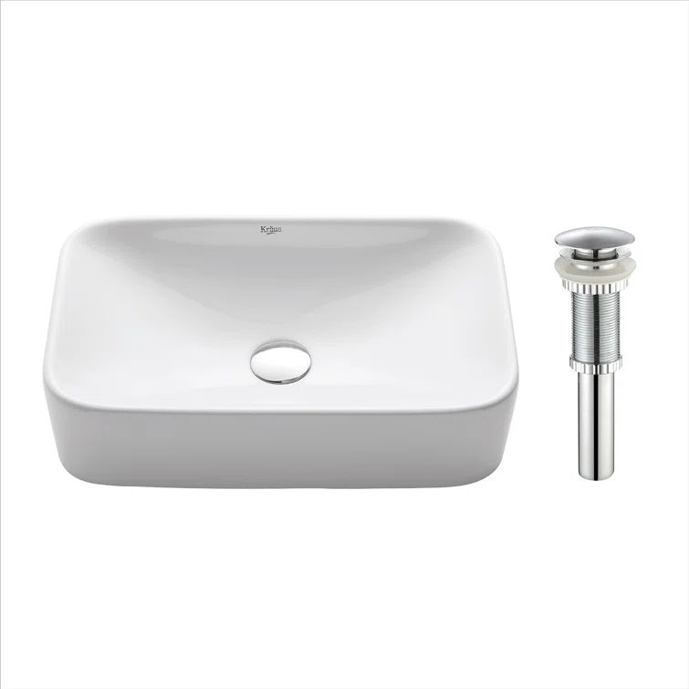 White Ceramic Rectangular Above-Counter Vessel Sink with Chrome Drain