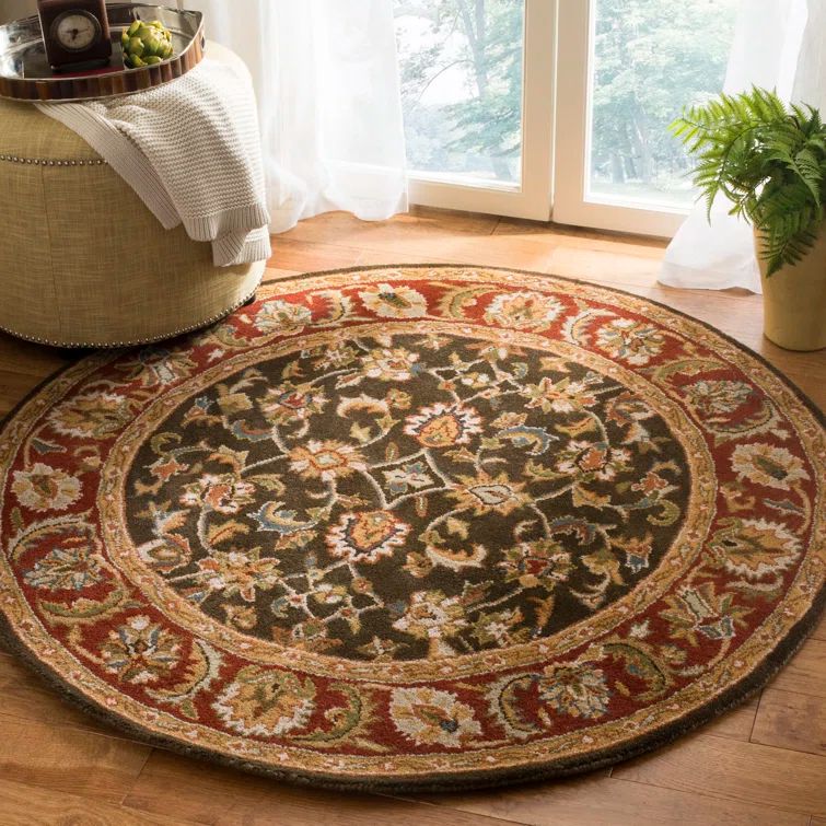 Hand-Tufted Dark Olive and Red Round Wool Area Rug