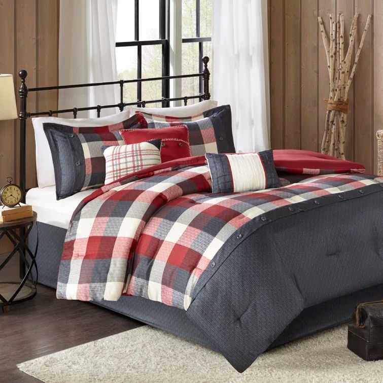 Queen Red and Gray Herringbone Plaid Comforter Set