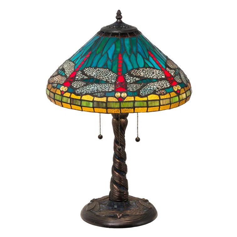Ocean Blue Stained Glass 3-Light Table Lamp with Mahogany Bronze Base