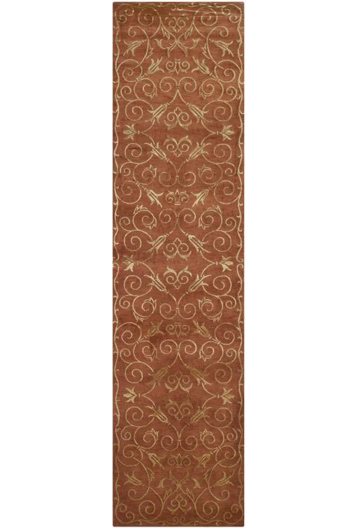 Hand-Knotted Rust and Gold Wool Silk Runner Rug