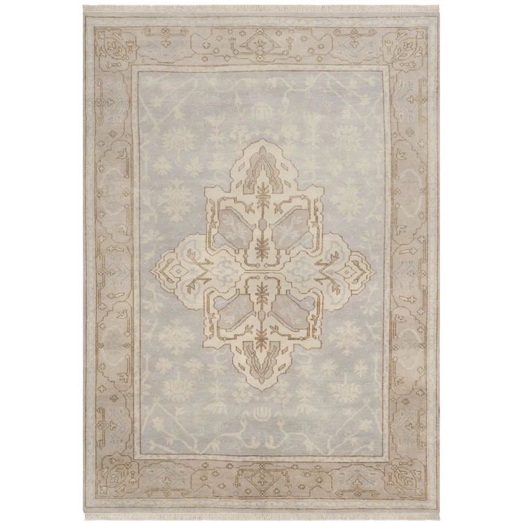 Elegant Oushak Hand-Knotted Light Blue Wool Area Rug, 6' x 9'