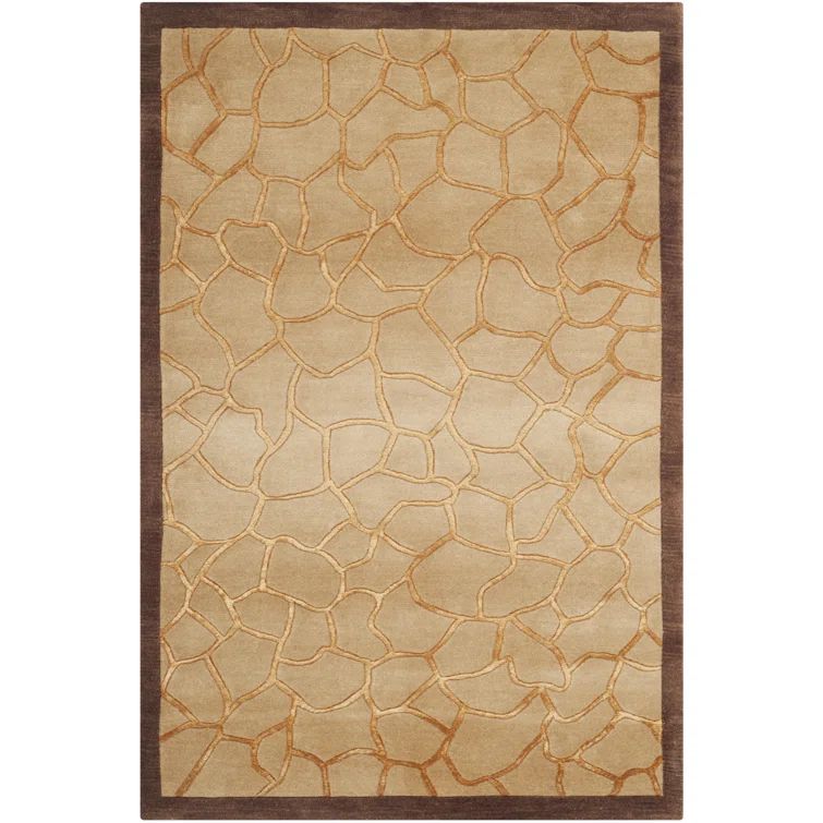 Hand-Knotted Gold and Brown Wool Silk Geometric Rug