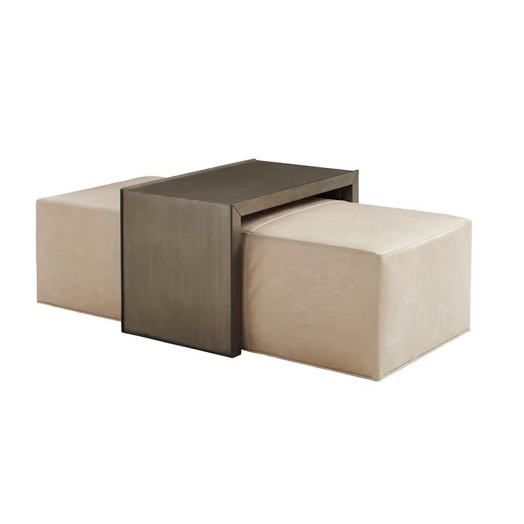 Cream Leather Cocktail Ottoman with Sliding Table