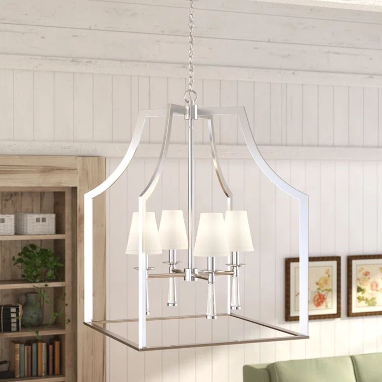 Polished Nickel 4-Light Chandelier with White Silk Shades