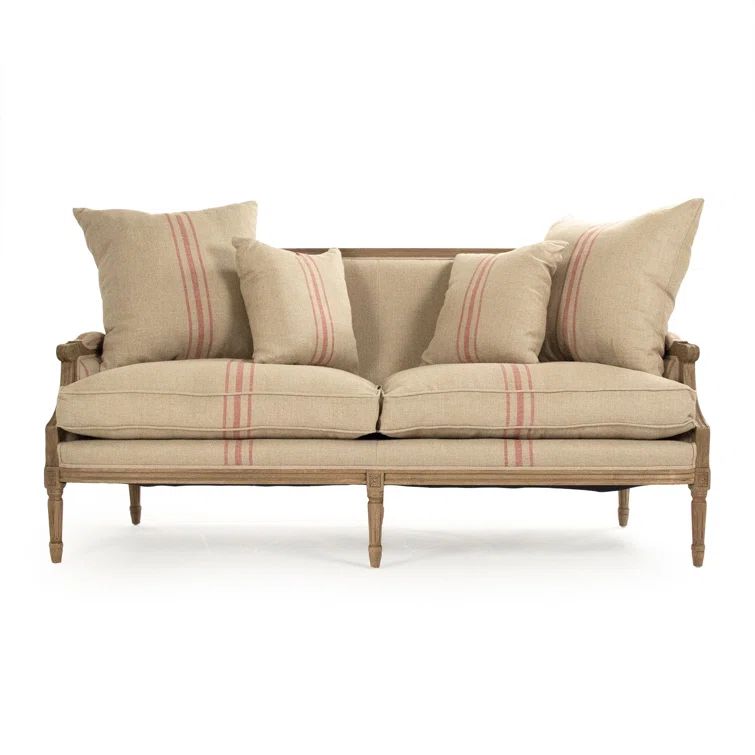 English Khaki Linen Loveseat with Red Stripe and Oak Frame