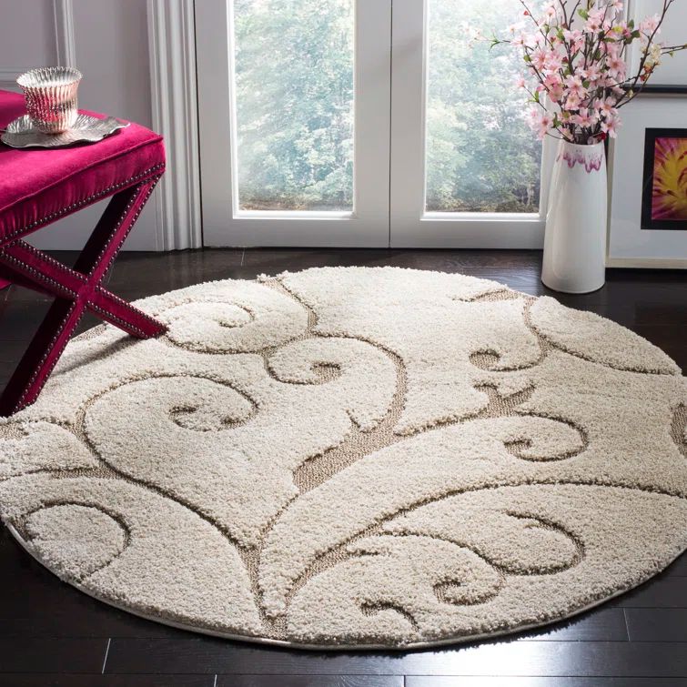Deanna Round Beige and Cream Cotton Floral Rug
