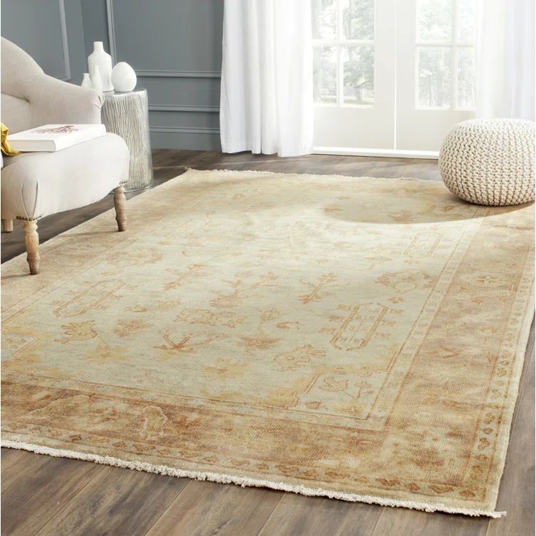 Hand-Knotted Soft Green and Rust Wool Area Rug 4' x 6'