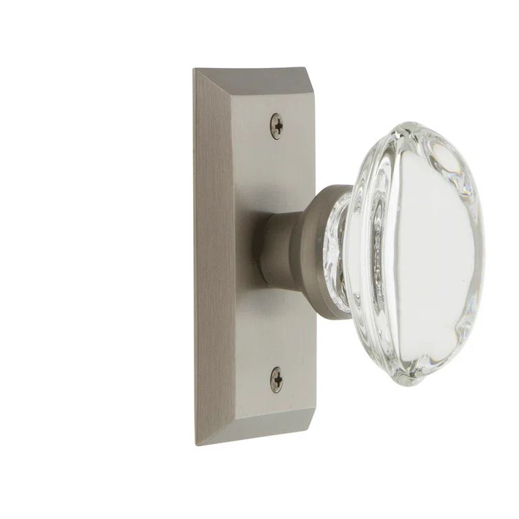 Satin Nickel Studio Plate with Oval Clear Crystal Door Knob