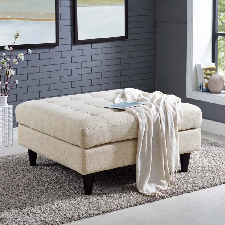 Beige Tufted Polyester Fabric Large Ottoman