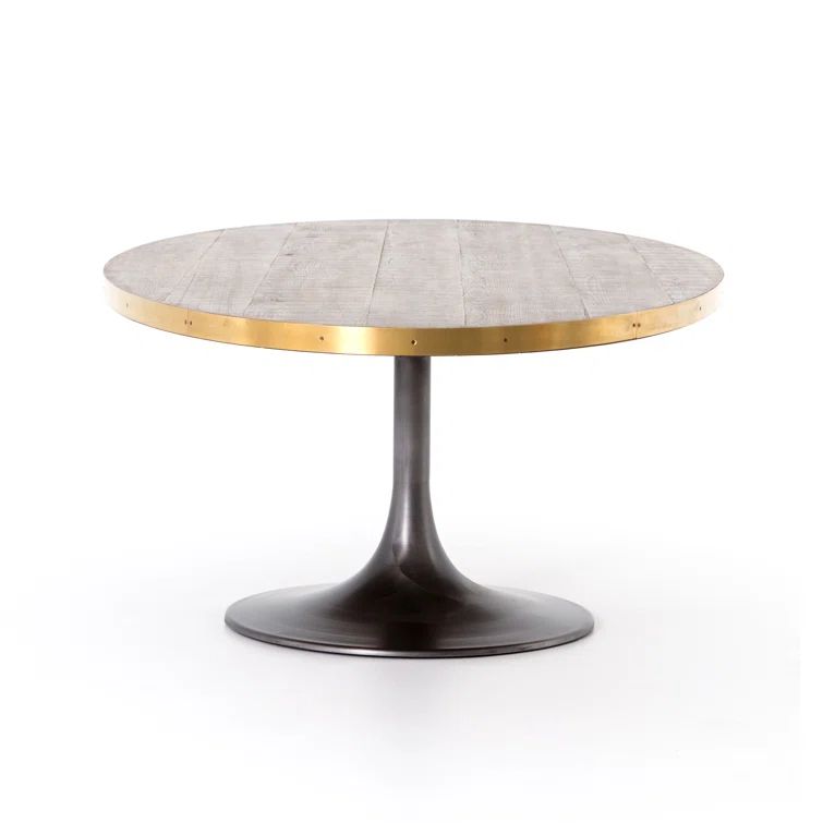 Round Reclaimed Wood Dining Table with Brass Trim