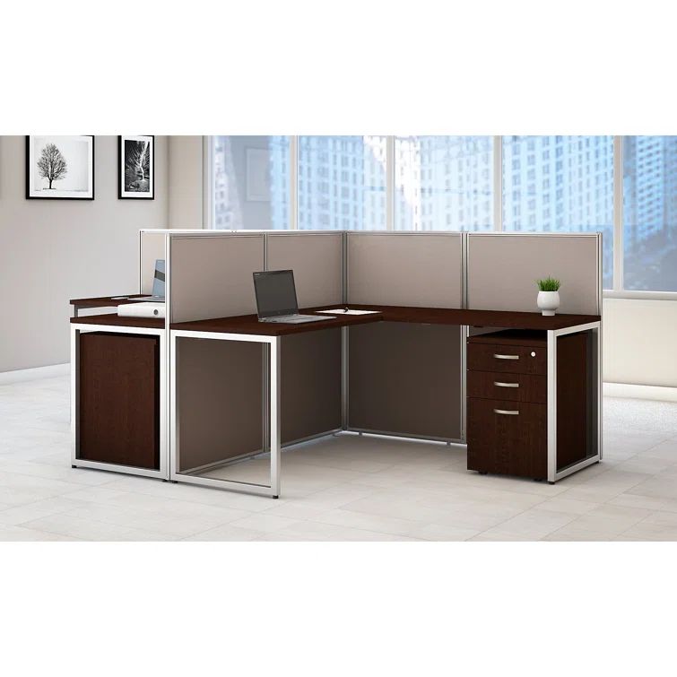 Mocha Cherry L-Shaped 2-Person Workstation with Storage