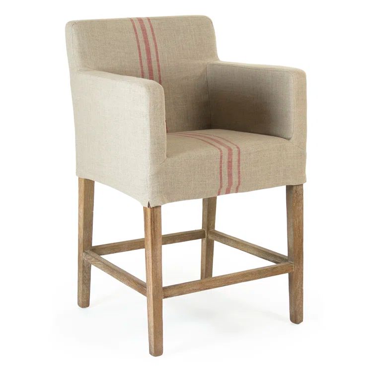 Khaki Red Stripe Upholstered Counter Stool with Wood Frame