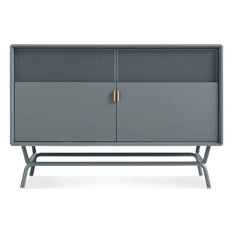 Marine Blue Perforated Steel TV Stand with Brass Details