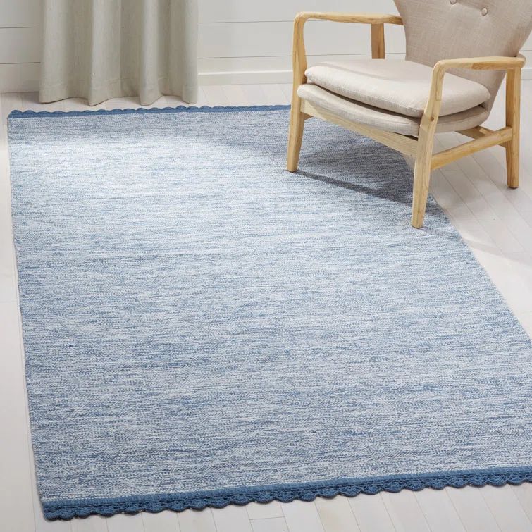 Hand-Woven Soft Cotton Montauk Blue Rectangular Rug, 5' x 8'