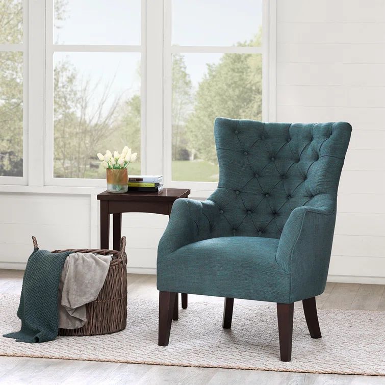 Eloise Green Herringbone Wood Tufted Wingback Accent Chair
