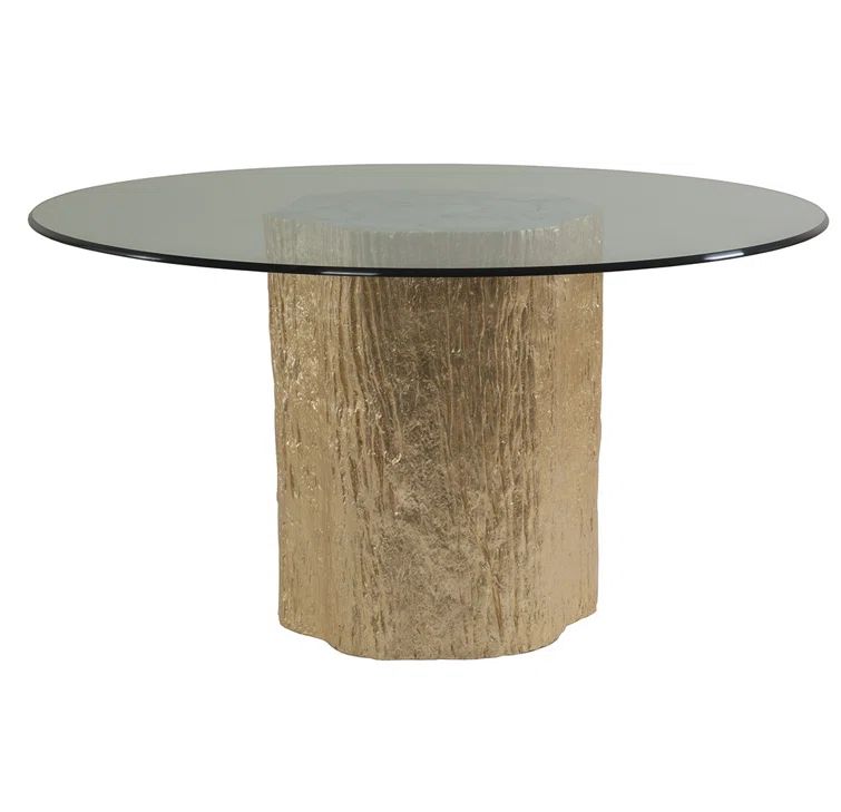 Gold Leaf Round Glass Top Dining Table with Tree Trunk Base