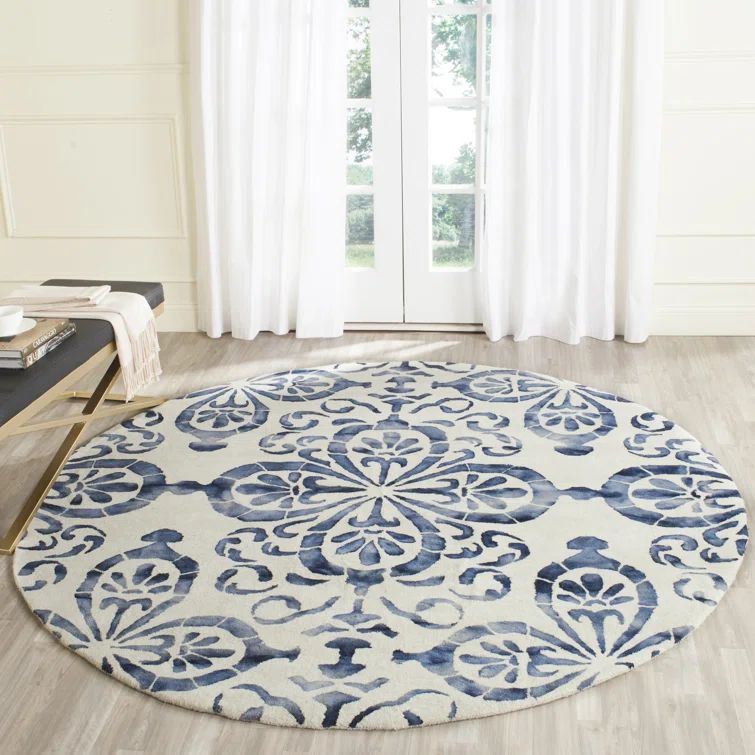 Ivory and Navy Hand-Tufted Wool Round Area Rug