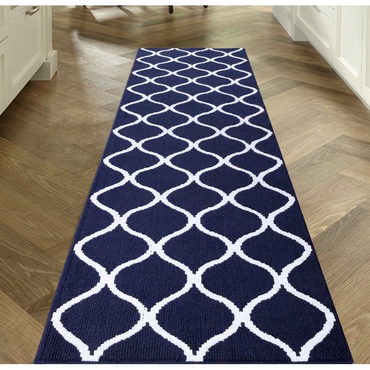 Navy Blue and White Geometric Tufted Runner Rug with Non-slip Backing