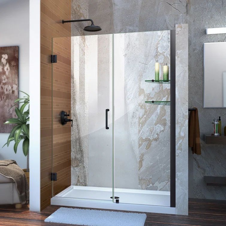Matte Black Frameless Hinged Shower Door with Clear Glass