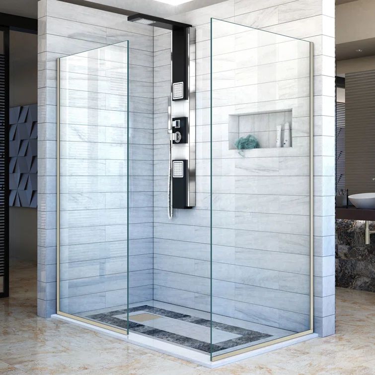 Linea Frameless Clear Glass Shower Panel with Distressed Bronze Hardware