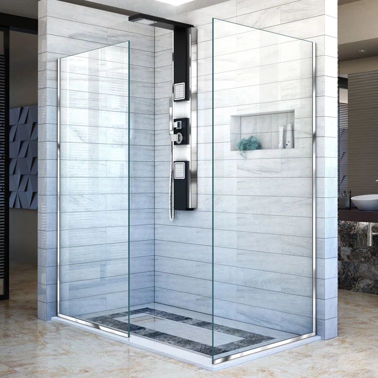 Linea Frameless Clear Glass Shower Panel with Distressed Bronze Hardware