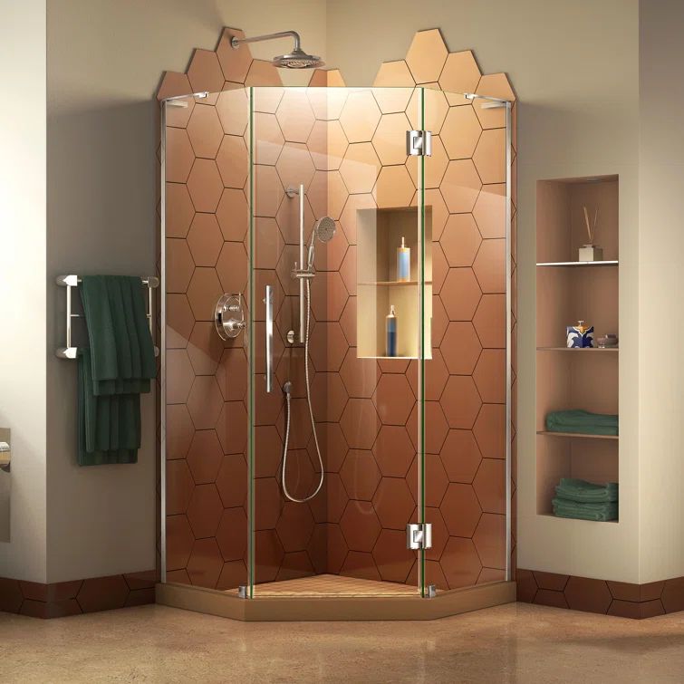 Prism Plus 34" x 72" Frameless Neo-Angle Hinged Shower Enclosure with Clear Glass