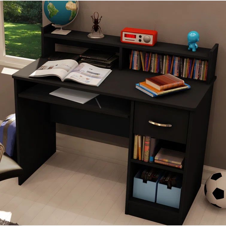 Pure Black Compact Computer Desk with Hutch and Keyboard Tray