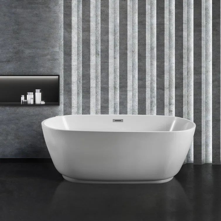 59" Glossy White Acrylic Freestanding Soaking Bathtub with Polished Chrome Drain