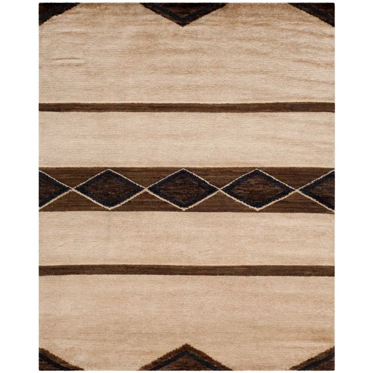 Hand-Knotted Black and Beige Wool Cotton Area Rug