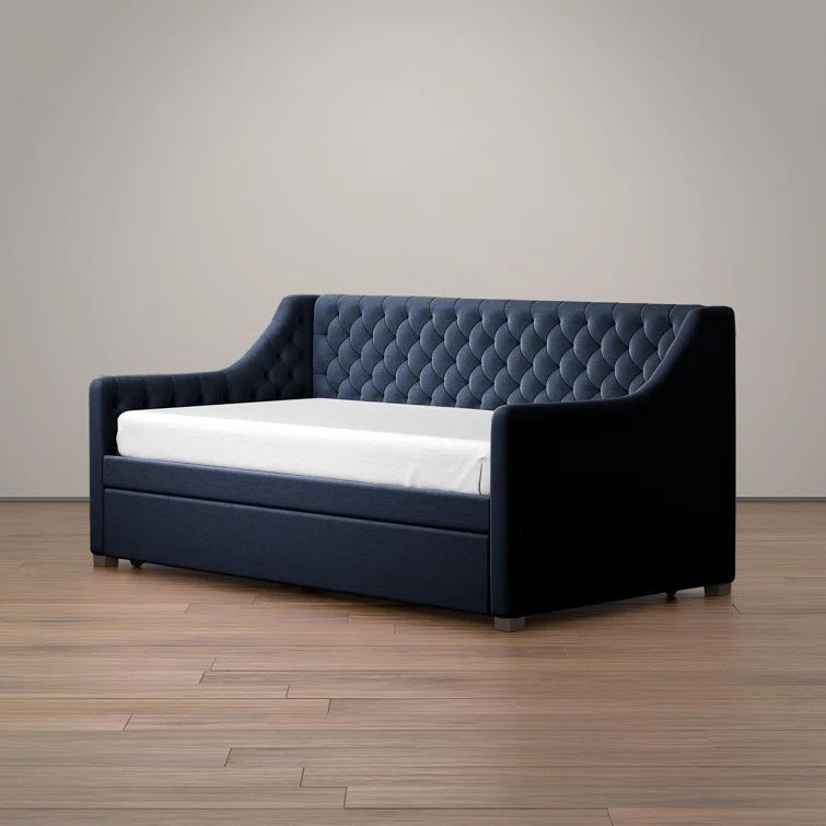 Navy Blue Velvet Twin Daybed with Trundle and Tufted Upholstery