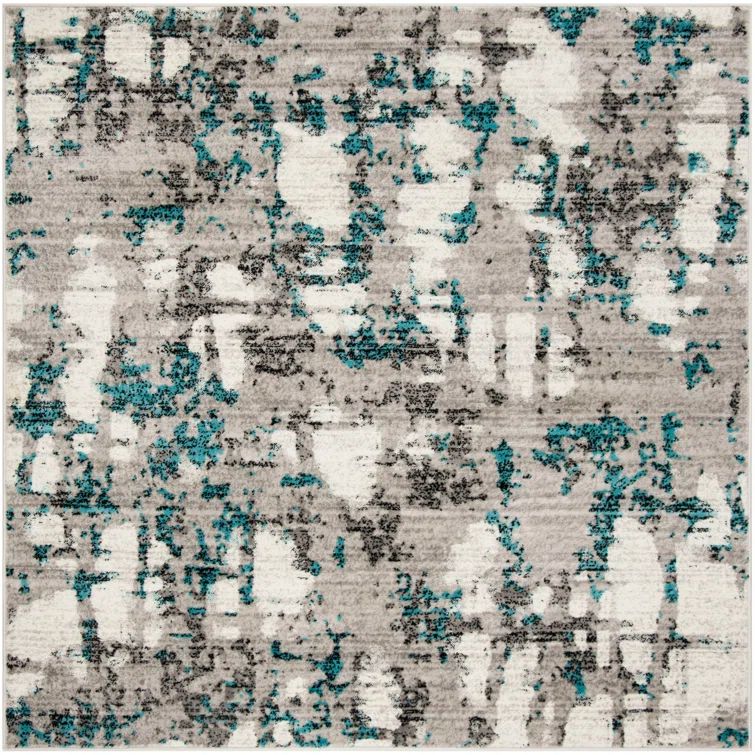 Skyler Gray and Blue Synthetic Abstract Square Rug 6'7"