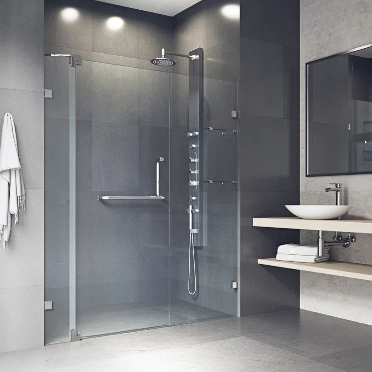 Pirouette 48" Frameless Clear Glass Pivot Shower Door with Black Hardware