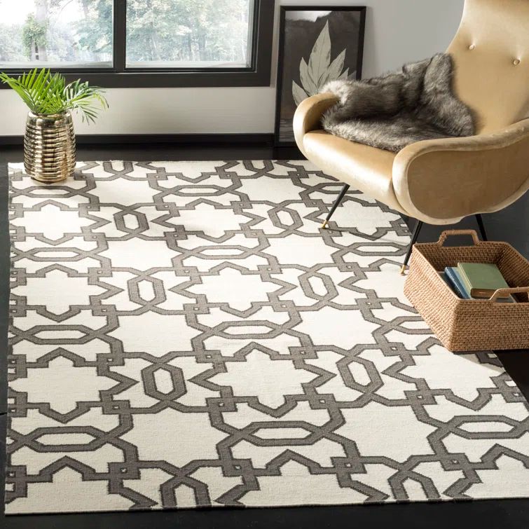 Ivory and Grey Handwoven Wool Geometric Area Rug