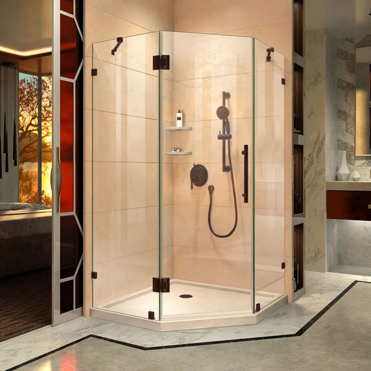 Prism Lux 42" Frameless Neo-Angle Hinged Shower Enclosure in Distressed Bronze