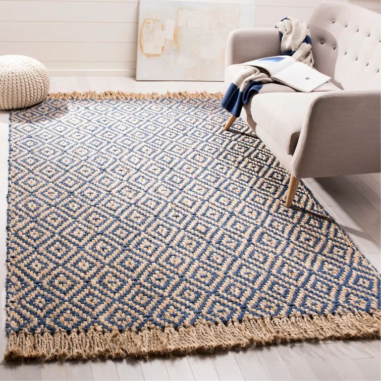 Hand-Woven Tropical Blue and Natural Jute Geometric 9' x 12' Rug